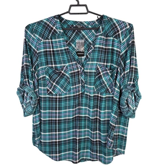 Womens Torrid Harper Green & Black Plaid Blouse 3/4 Sleeve Polyester Size 3X - Picture 1 of 9